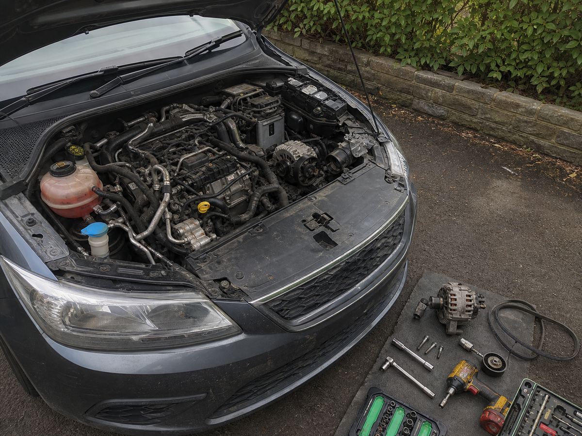 Alternator area visible in an open engine bay during mobile repair