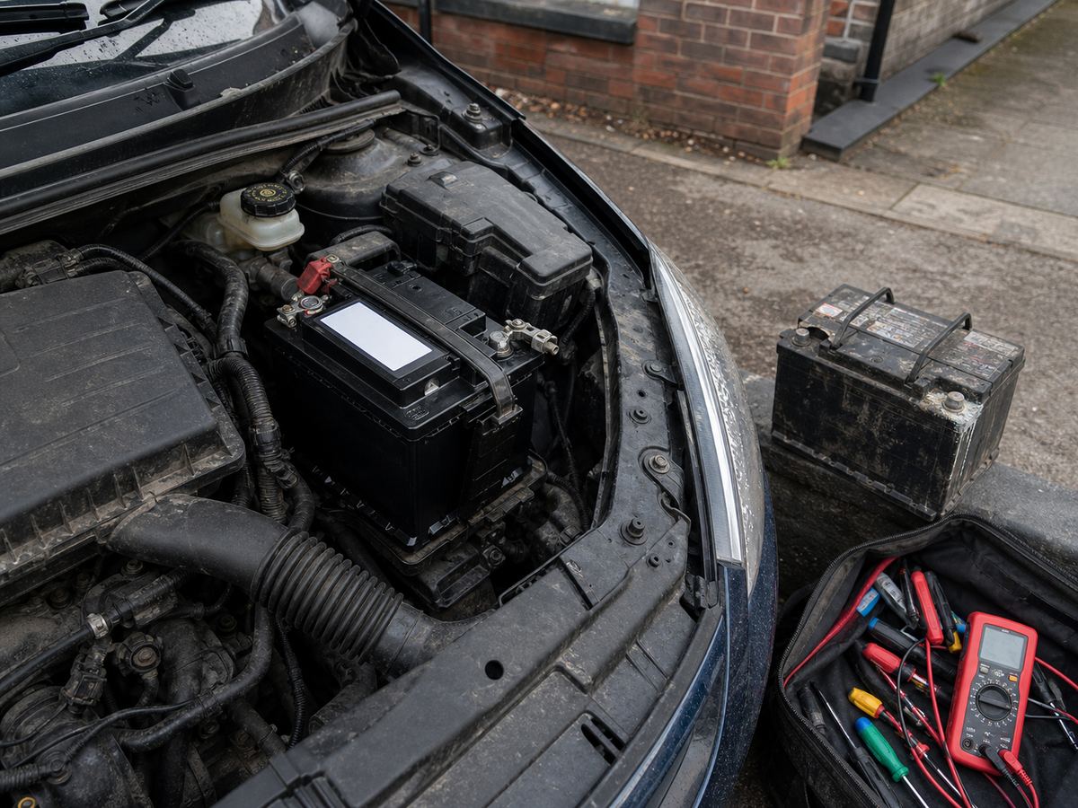 New car battery being fitted in an engine bay with no people visible