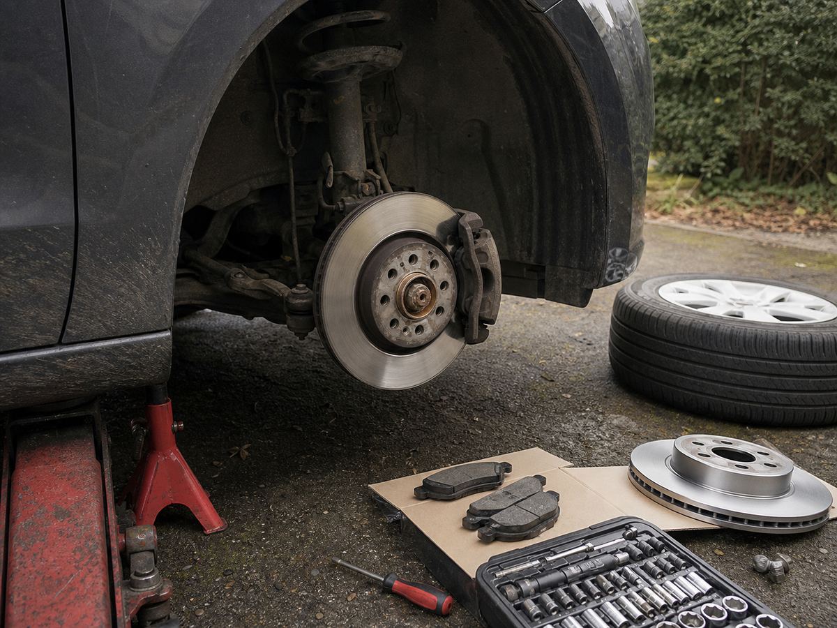 Car wheel removed for brake disc and pad replacement