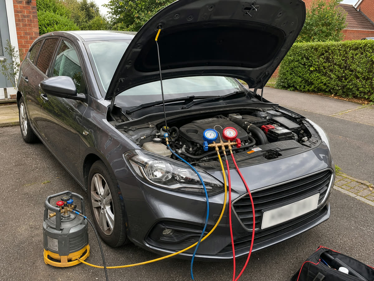 Mobile air conditioning repair and regas in Hornchurch with gauges connected to an open engine bay