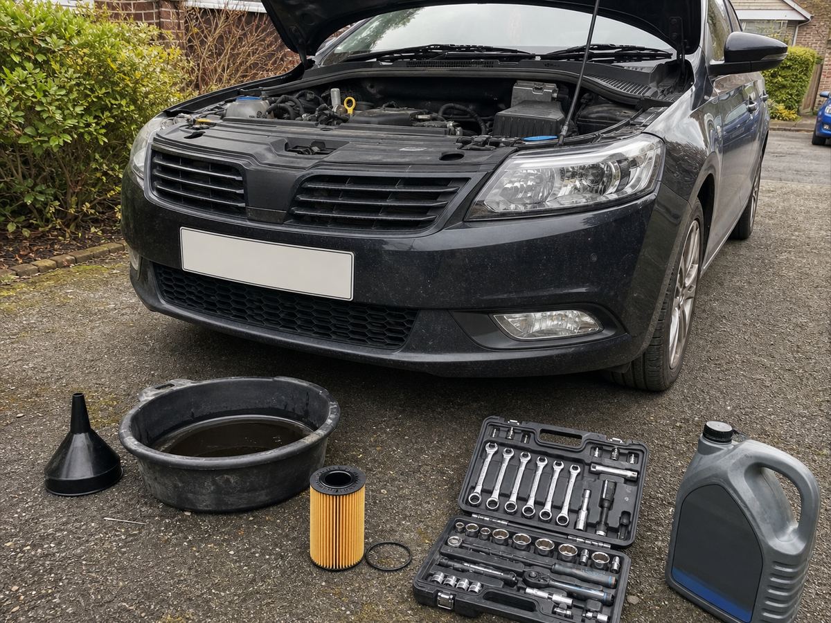 Oil service tools and filter beside an open bonnet