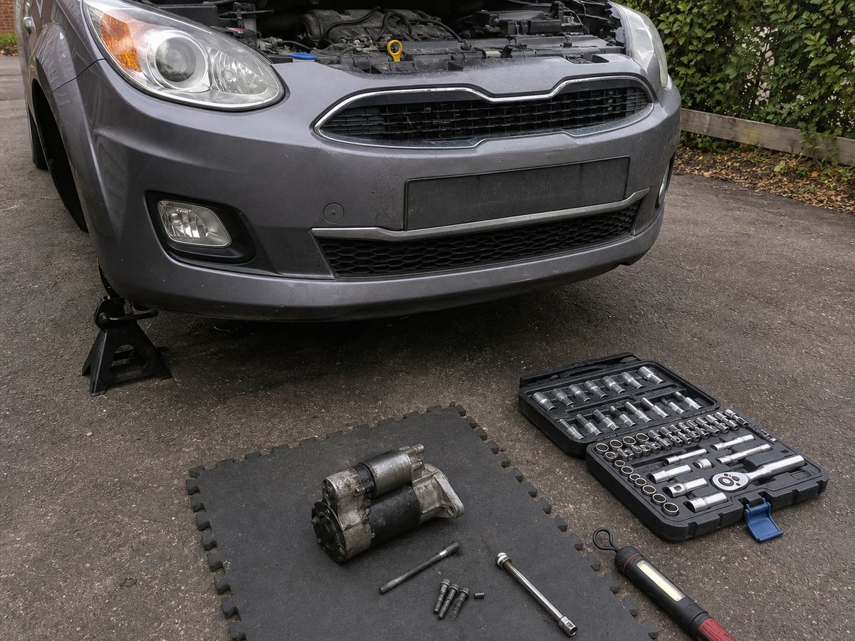 Starter motor and tools laid out beside a car being repaired