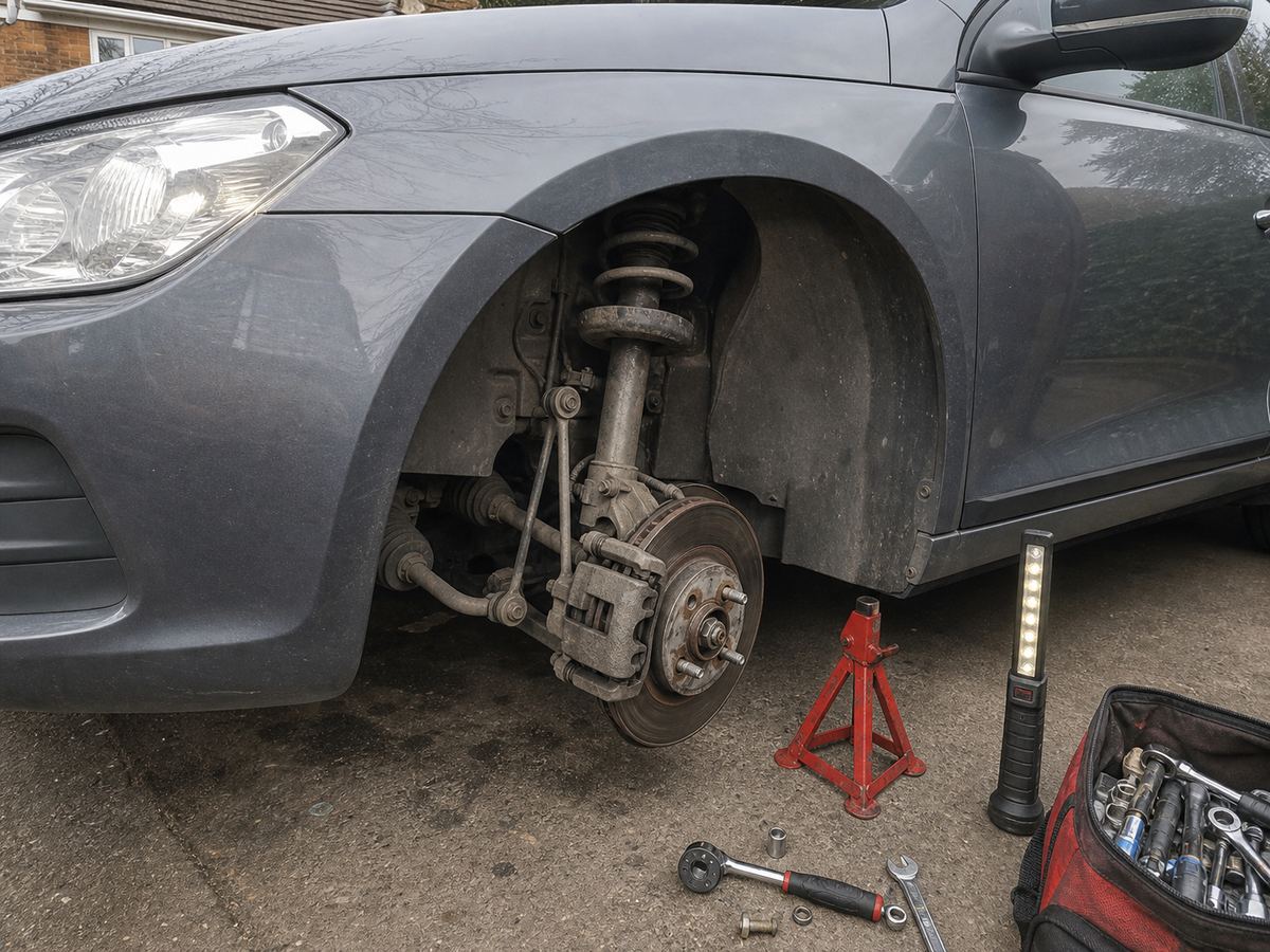 Front suspension inspection with a wheel removed