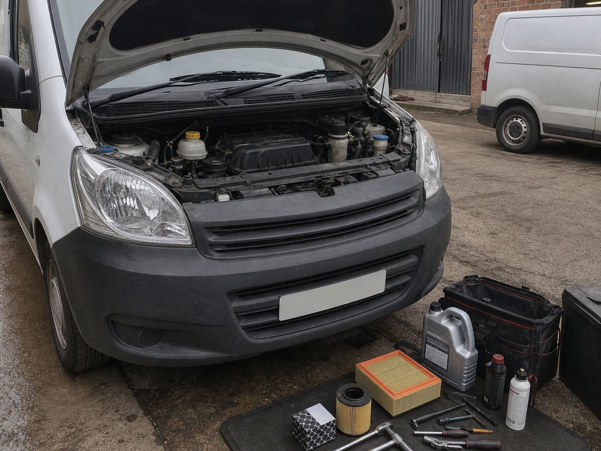 Light van with bonnet open during a mobile service